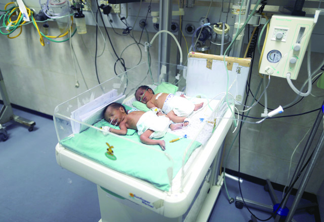 Newborns are seen  at Shifa hospital in Gaza City on Monday (Reuters photo by Mohammed Salem)