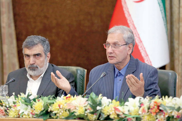 This handout photo provided by the Iranian presidency on Sunday shows Iran's Atomic Energy Organisation spokesman Behrouz Kamalvandi (left) and government spokesman Ali Rabiei giving a joint press conference at the presidential headquarters in the capital Tehran on Sunday (AFP photo)