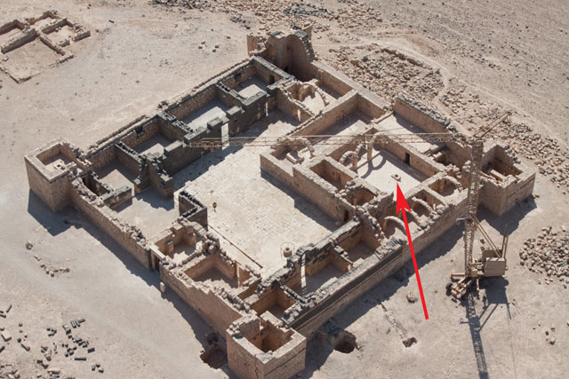 The arrow points to the cistern at the archaeological site of Qasr Hallabat where the researchers revealed remains of  five suspected victims of homicide (Photo courtesy of Megan Perry)