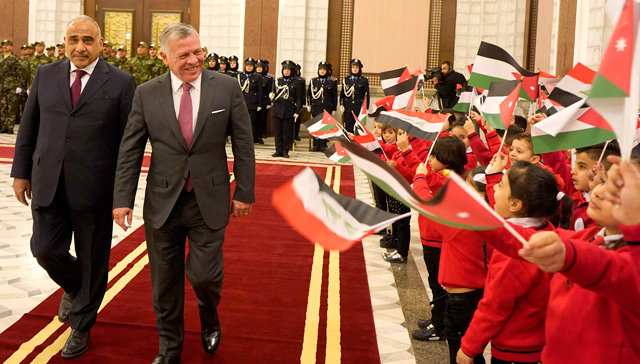 His Majesty King Abdullah meets with Iraqi Prime Minister Adel Abdul Mahdi in Baghdad on Monday (Photo courtesy of Royal Court)