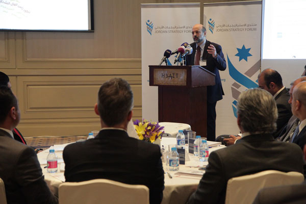 Jordan Strategy Forum’s president, Omar Razzaz, speaks at a ceremony to launch a prosperity index for Jordan on Thursday (Photo courtesy of JSF)