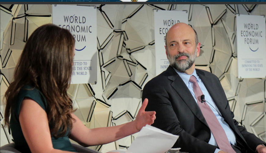 Prime Minister Omar Razzaz participates in a dialogue session organised by the World Economic Forum at its annual meeting in the Swiss city of Davos on Thursday (Photo courtesy of Prime Ministry)