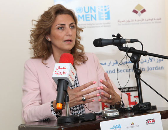 Salma Nims, the secretary general of the Jordanian National Commission for Women, speaks during a meeting with the press organised by  the Jordanian coalition on UN Resolution 1325 on Monday (Petra photo)