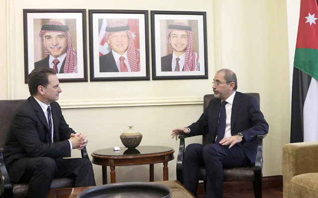 Minister of Foreign Affairs and Expatriates Ayman Safadi meets with Commissioner General of UNRWA Pierre Krahenbuhl on Thursday (Petra photo)