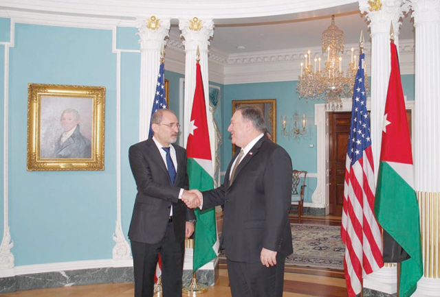 Foreign Minister Ayman Safadi meets with US Secretary of State Mike Pompeo in Washington on Wednesday (Photo courtesy of Foreign Ministry)