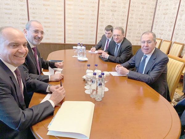 Foreign Minister Ayman Safadi holds talks with his Russian counterpart Sergey Lavrov on the sidelines of the fifth session of the Russian-Arab Cooperation Forum in Moscow on Tuesday (Photo courtesy of Foreign Ministry)