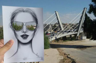Fashion illustration by Shamekh Bluwi on a backdrop of Amman’s buildings (Photo courtesy of Shamekh Bluwi)