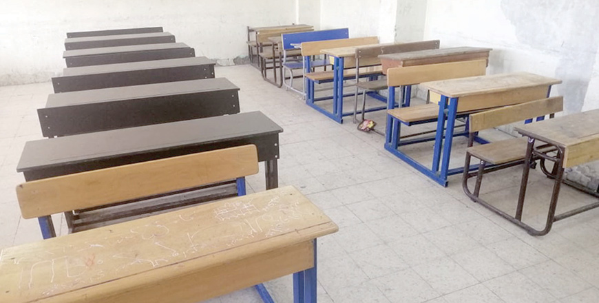 An empty classroom is seen in a public school in this photo taken on Monday, the second day of a teachers' strike demanding a 50-per cent pay raise (Petra photo)