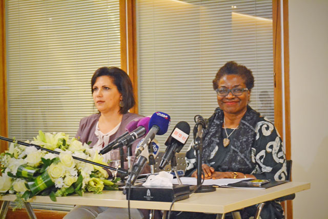 UNFPA Executive Director Natalia Kanem (right) and UNFPA representative in Jordan Laila Baker during a press conference on Monday (Photo by Ana V. Ibáñez Prieto)