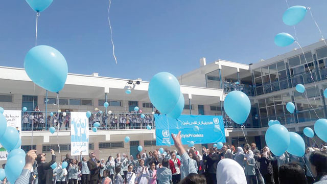 Students take part in a solidarity kite flying initiative across the region on Monday (Photo courtesy of UNRWA)