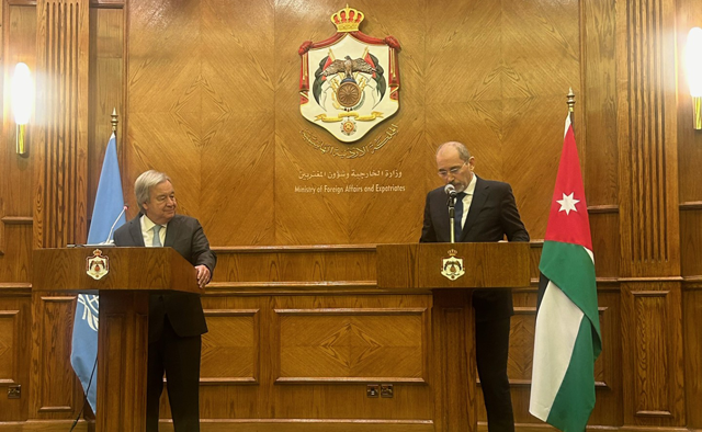 Deputy Prime Minister and Minister of Foreign Affairs Ayman Safadi and UN Secretary-General António Guterres on Monday emphasises the need for a humanitarian ceasefire in the war-torn Gaza Strip (Photo by Maria Weldali)