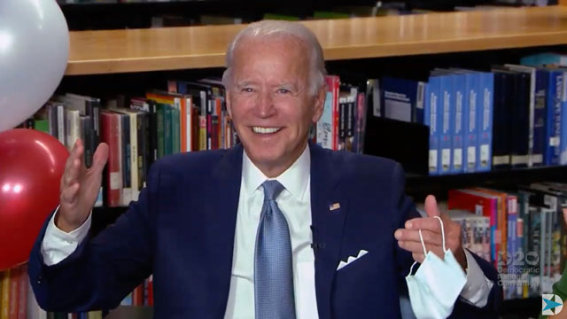 This video grab made on Tuesday shows US Democratic presidential candidate Joe Biden reacting after being formally nominated as the Democratic presidential candidate during the second day of the convention (AFP photo)