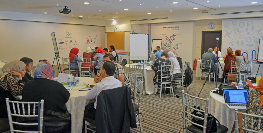 Participants of the ‘hackathon’ brainstorm during group sessions on Saturday in Amman (Photo by Brooj Alammari)