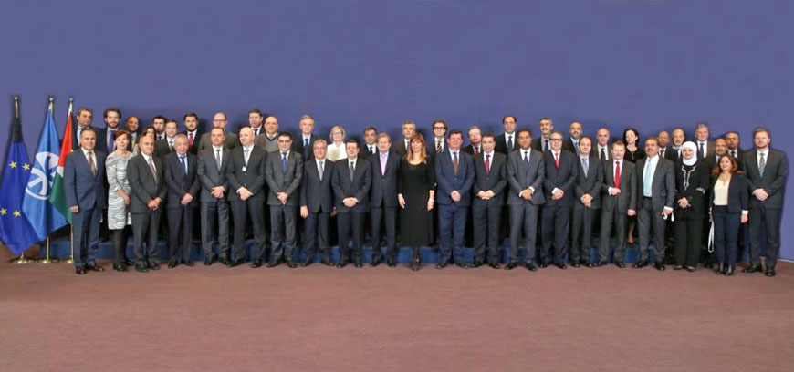 Transport Minister Ayman Hatahet with ministers in charge of maritime affairs from 43 UfM member countries at the first UfM Ministerial Conference on Blue Economy in Brussels on Tuesday (Photo courtesy of UfM )