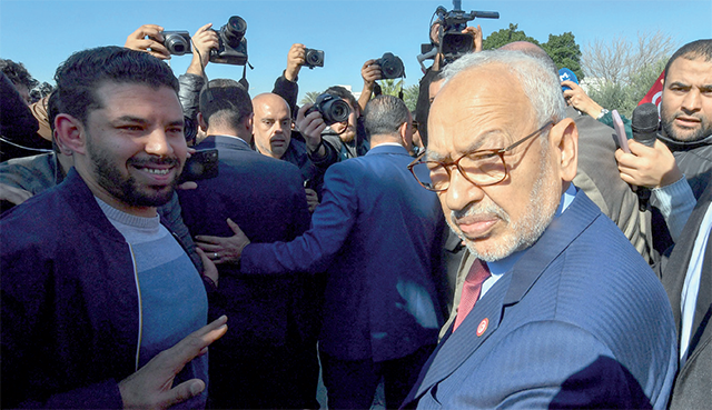 In this file photo taken on February 21, 2023, the head of Tunisia's Islamist movement Ennahdha Rached Ghannouchi arrives to a police station in Tunis (AFP photo)