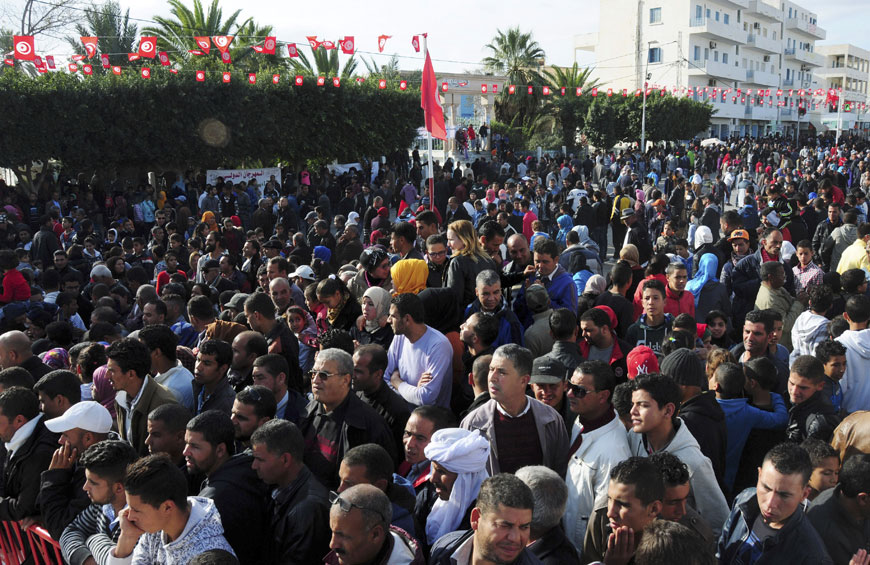 Tunisians gather to mark the fifth anniversary of the Tunisian revolution in Sidi Bouzid, on Thursday (AP photo)