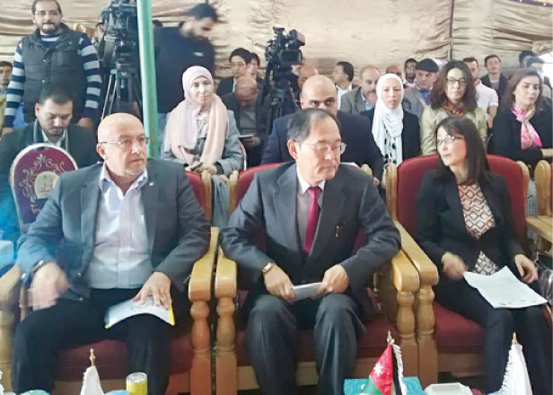 Japanese Ambassador to Jordan Hidenao Yanagi attends the completion ceremony of a water project in Balqa funded by the Japanese government, which was held at Maadi Reservoir in Deir Alla on Thursday  (Petra photo)