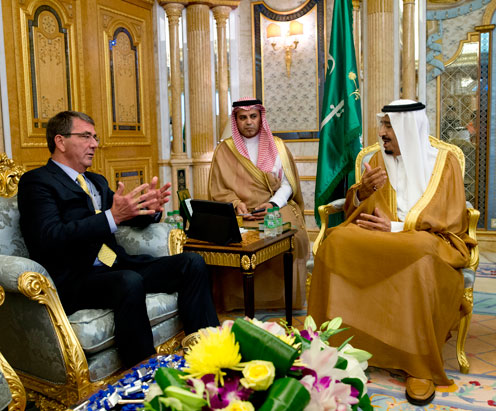 US Defence Secretary Ashton Carter (left) meets with Saudi Arabia’s King Salman Bin Abdulaziz (right) at Al Salam Palace in Jeddah, Saudi Arabia, on Wednesday (AP photo)
