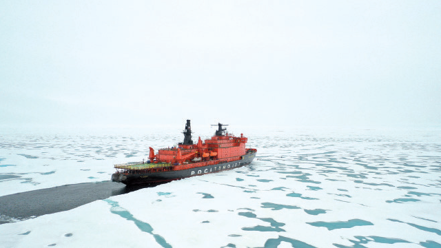 The Russian ‘50 Years of Victory’ nuclear-powered icebreaker is seen at the North Pole on August 18, 2021 (AFP photo)
