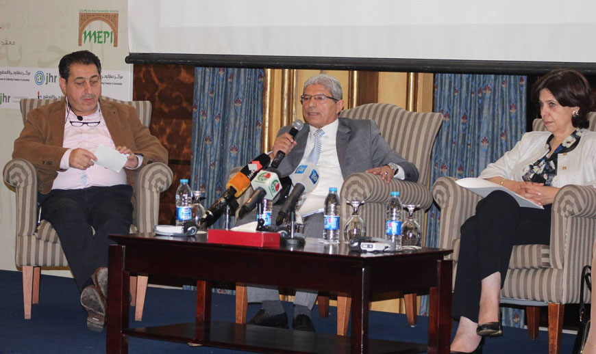 Mohammad Abbadi, a commissioner at the Information Council, speaks at panel discussion during the ‘Human Rights Media Forum 2’ in Amman on Saturday (Photo courtesy of Centre for Defending the Freedom of Journalists)