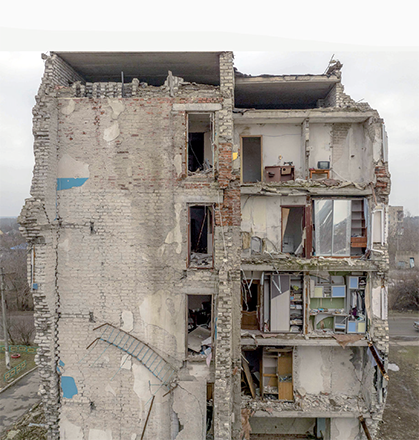 This aerial photograph taken on Thursday shows a residential building destroyed by shelling in Izyum, Kharkiv region, amid the Russian invasion of Ukraine (AFP photo)