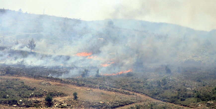 Fire sweeps over fileds targeted by Israeli artilley on the outskirts of the southern Lebanese village of Rmeish on Tuesday, amid ongoing cross-border clashes between Israeli troops and Hizbollah fighters (AFP photo)