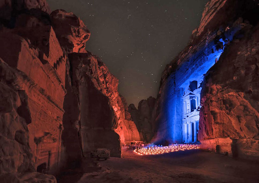 Petra’s Treasury is bathed in blue light at night in celebration of the 70th anniversary of the United Nations and UN Day, annually marked on October 24 (Photo courtesy of UN Jordan)