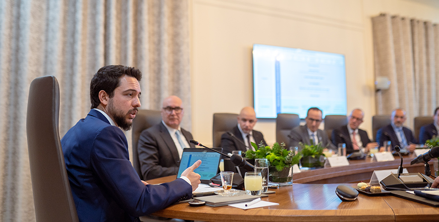 HRH Crown Prince Hussein chairs the first meeting of the National Council for Future Technology at the Prime Ministry, and stresses the need to implement new and quality projects that keep pace with advancements in the technology sector to support the national economy (Photo courtesy of Royal Court)