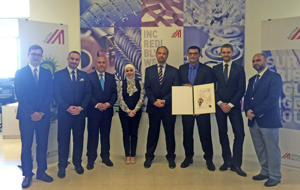 The winner of the 2016 Energy Global National Award for best environmental project in Jordan poses for a group photo with representatives of the organisers and partner organisations in Amman on Tuesday (Photo by Dana Al Emam)