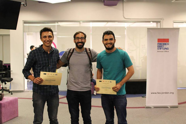 Winners of the Public Transportation Hackathon Yanal Tsai and Yousef Arabiat pose with Ali Attari, co-organiser of the Public Transportation Hackathon (Photo courtesy of ​Maan Nasel)