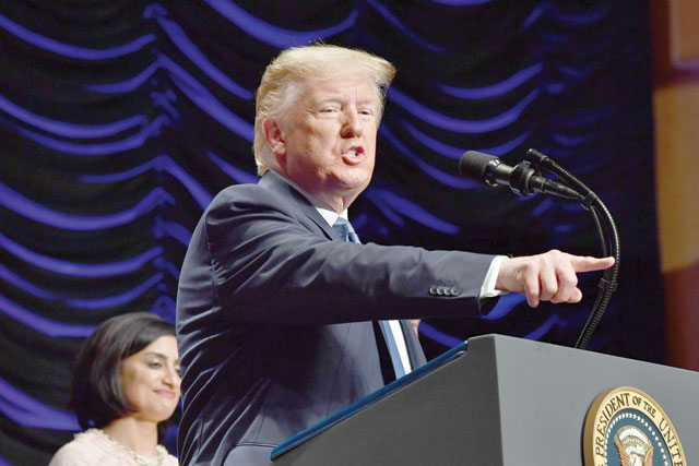 President Donald Trump pauses as he speaks during an event on kidney health at the Ronald Reagan Building and International Trade Centre on Wednesday in Washington, DC. President Trump announced his plan of a new approach for kidney disease patients (AFP photo)
