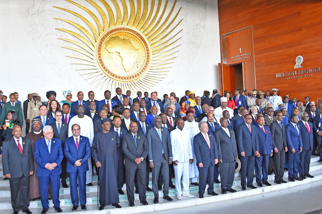 Leaders pose for a family photo during the 30th African Union heads of state and government summit in Addis Ababa, Ethiopia, on Sunday (Anadolu Agency  photo)