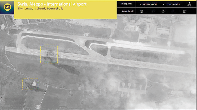 This handout file photo released by ImageSat International on September 2, shows a satellite image depicting the damage at Aleppo airport in northern Syria following several Israeli strikes on August 31 (AFP photo)