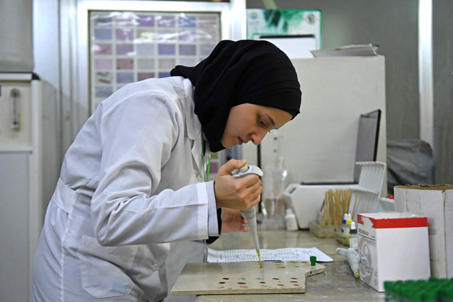 A lab technician works on samples to test for cholera, at a hospital in Syria's northern city of Aleppo on Sunday (AFP photo)