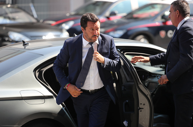 Italian Interior Minister Matteo Salvini arrives before the state funeral of the victims of the Morandi Bridge collapse, at the Genoa Trade Fair and Exhibition Centre in Genoa, Italy, on Saturday (Reuters photo)
