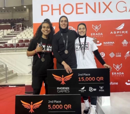 From left: Sara Abu Shawish, Dema Zebdieh and coach Qout Abaza pose for a photo during the Phoenix Games in Qatar  (Photo courtesy of Sara Abu Shawish)