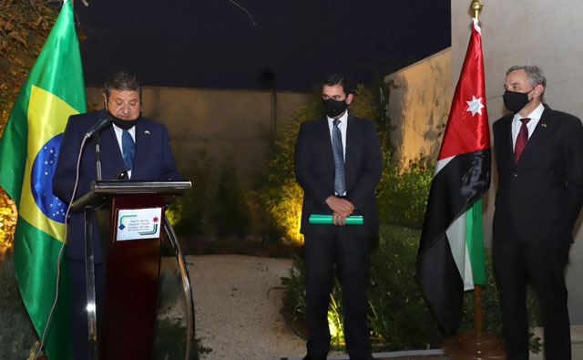 Minister of Industry, Trade and Supply Tareq Hammouri (centre) attends a ceremony to announce the launch of the Jordanian Brazilian Business Association on Tuesday (Photo courtesy of JBBA)