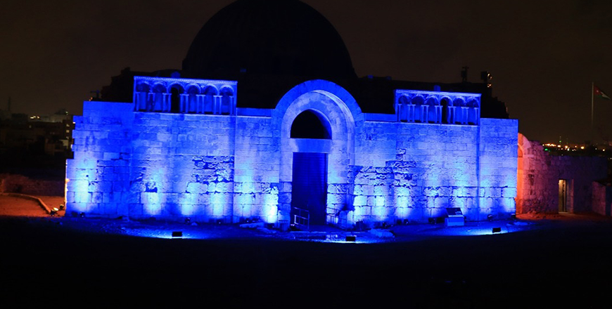 The Higher Council for the Rights of Persons with Disabilities on Friday illuminates the Citadel, one of Amman’s most iconic archaeological and tourist landmarks, to mark the launch of a promotional campaign for the Global Disability Summit (Petra photo)