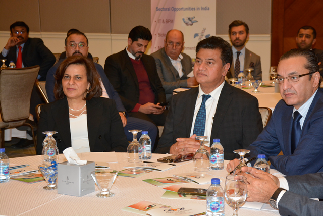 Invesment Minister Kholoud Saqqaf, India’s Ambassador to Jordan Anwar Haleem and guests during a business seminar organised by the Indian embassy in Amman on Monday (Photo courtesy of Indian embassy)