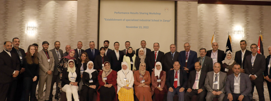 Participants pose for a photo during a performance results sharing workshop for the Specialised Industrial School in Zarqa, organised by the Korea International Cooperation Agency, on Wednesday (Photo courtesy of KOICA)