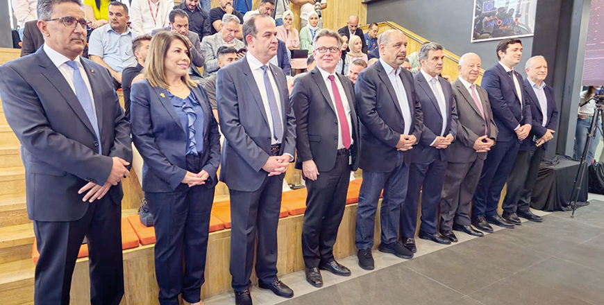 Officials pose for a photo during the Orange Jordan 5G launch at the Innovation Hub in the Orange Digital Village in Amman on Tuesday (Photo courtesy of Orange Jordan)