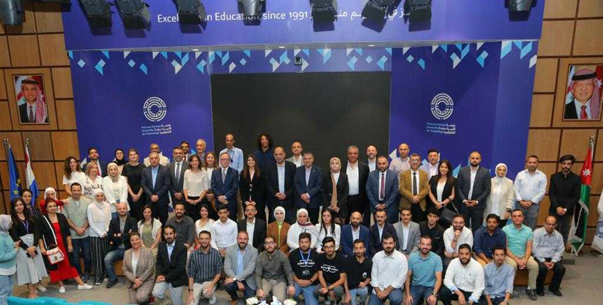 Minister of Digital Economy and Entrepreneurship Ahmad Hanandeh and guests pose for a group photo during the launch of the ‘Orange Corners’ programme in Jordan (Petra photo)