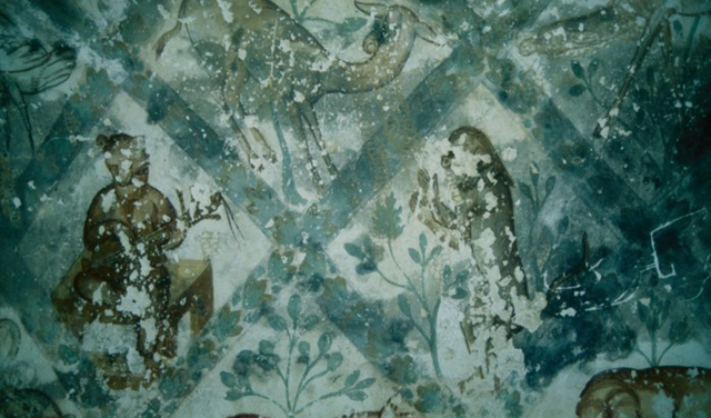 A fresco depicting a gazelle sniffing and a bear playing a lute in Qusayr Amra (Photo courtesy of ACOR)