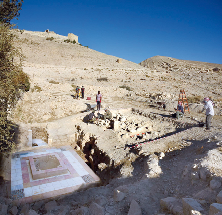Archaeological team restores a fountain in Jaya Palace on the foothills of the Shobak Castle in 2018 (Photo courtesy of Mediaeval Petra)