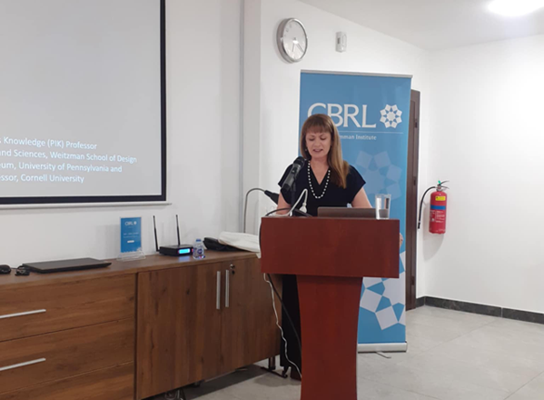 Professor Lynn Meskell gives a talk at the CBRL Amman Institute on Wednesday, titled ‘Ruined; How and Why We Weaponise the Past’ )Photo by Saeb Rawashdeh(