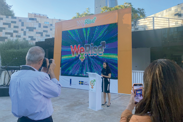 UN Women Regional Director for Arab States Susanne Mikhail Eldhagen speaks during the launch of WeRise, a game application, in Amman on Wednesday (Photo by Mays Ibrahim Mustafa)