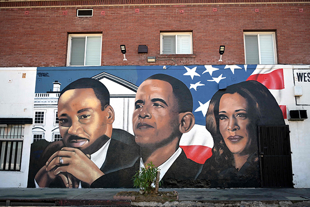 A mural by artist ‘4eene Vision’ depicting US minister and activist Martin Luther King Jr. (left), former US president Barack Obama (centre) and US Vice President and 2024 Democratic presidential candidate Kamala Harris is photograph in Los Angeles, California, on Monday (AFP photo)