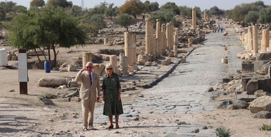 Prince Charles and Duchess Camilla visit Umm Qais, some 90km north of Amman, on Wednesday (Petra photo)