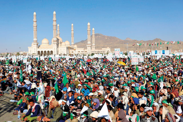 Yemeni Muslims attend a gathering to celebrate the birth of Islam’s Prophet Mohammed in the Yemeni capital Sanaa on Friday (AFP photo)