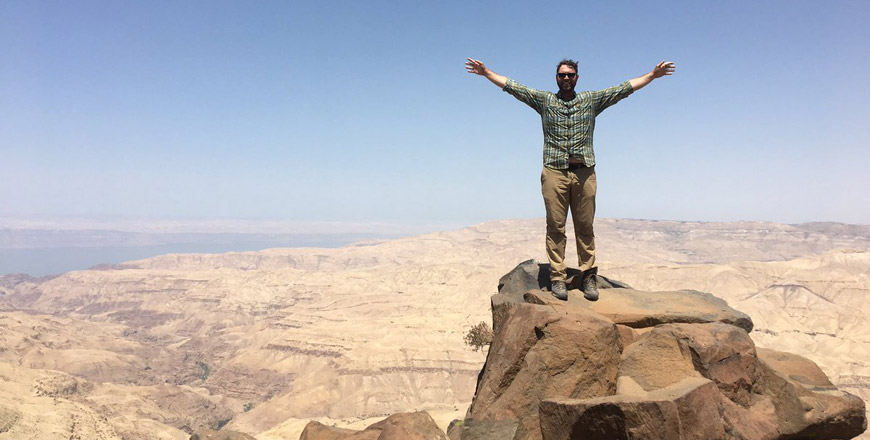 Adventure traveller Andrew Evans at a mountain in Wadi Mujib area on the way to Karak recently (Photo courtesy of Andrew Evans)